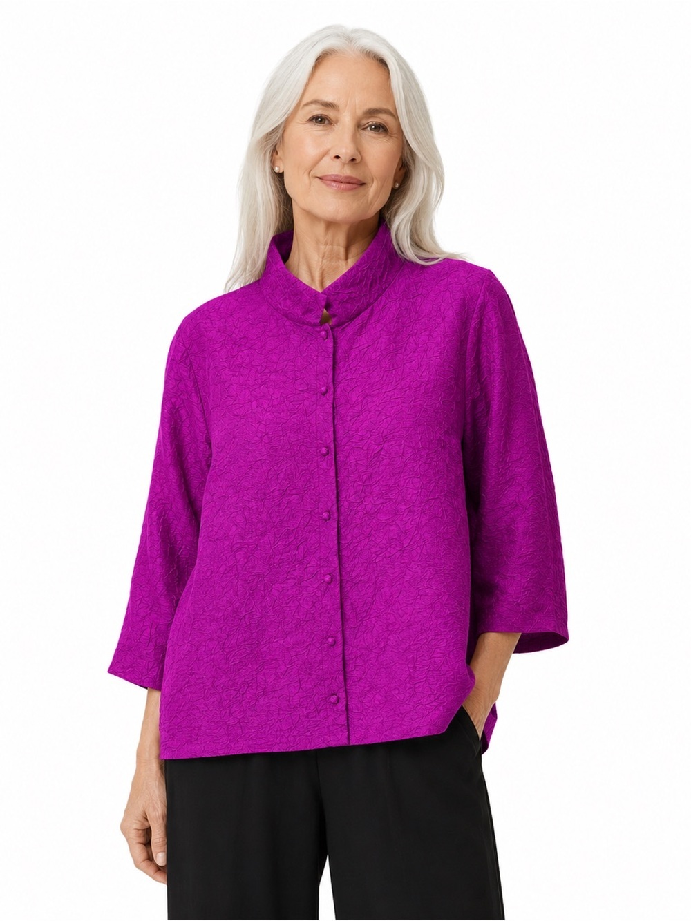 Eileen Fisher Fuchsia Crinkle Silk Blouse Boxy Mandarin Collar Top Medium